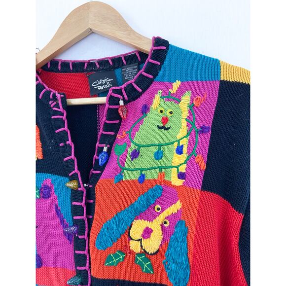 Vintage Novelty Patchwork Dog Christmas Knit Sweater Large Dopamine Dressing - Picture 4 of 10